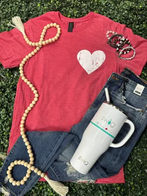 {WHAT'S LOVE GOT TO DO WITH IT} White Pocket Heart Heather Red Crew Neck Tee