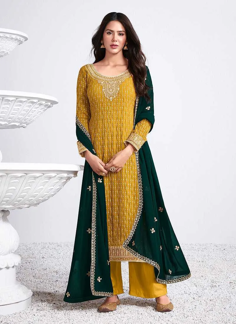 Yellow and Green Embroidered Stylish Pant Suit