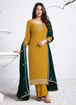 Yellow and Green Embroidered Stylish Pant Suit