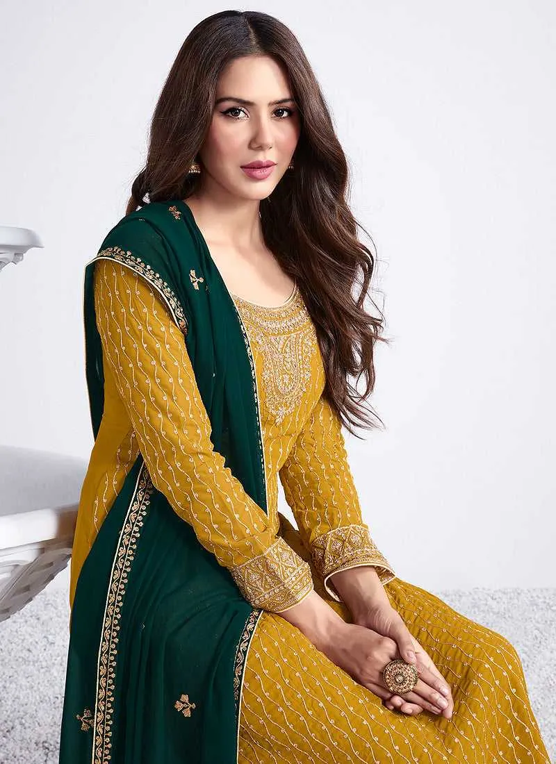 Yellow and Green Embroidered Stylish Pant Suit