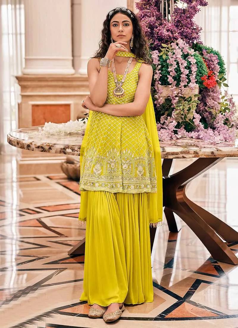 Yellow Embroidered Stylish Sharara Style Suit