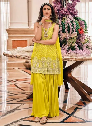 Yellow Embroidered Stylish Sharara Style Suit