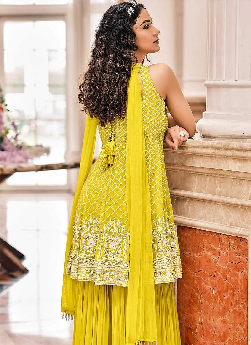 Yellow Embroidered Stylish Sharara Style Suit