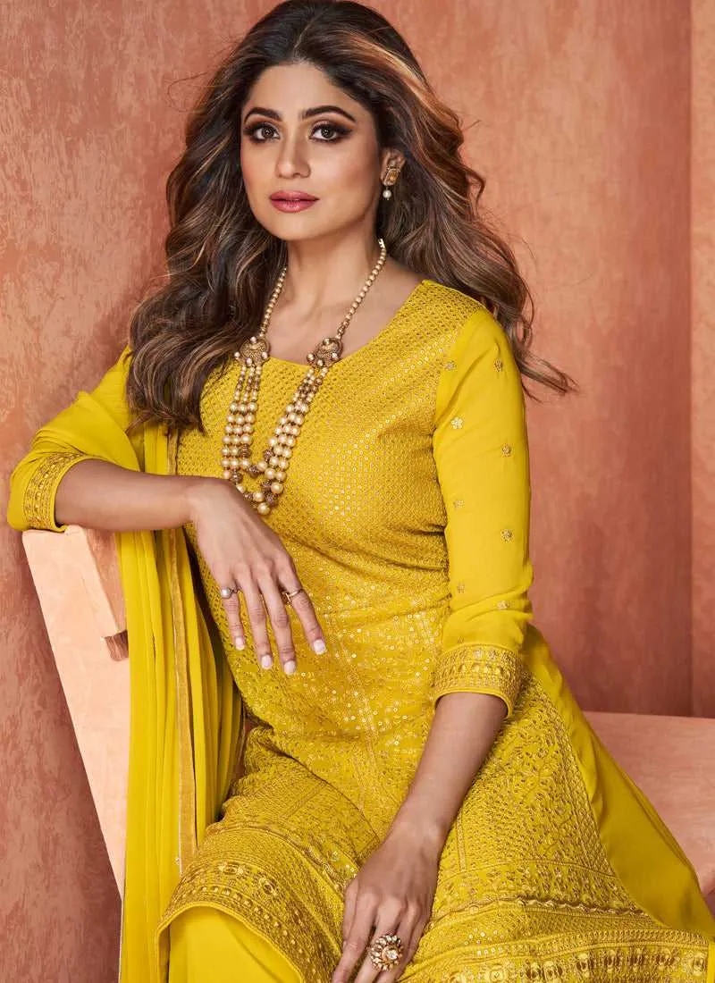 Yellow Stylish Embroidered Gharara Suit